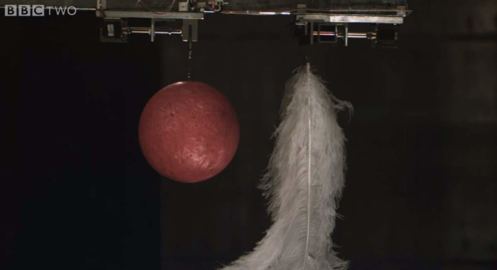 A Bowling Ball and Feather Falling in a Vacuum