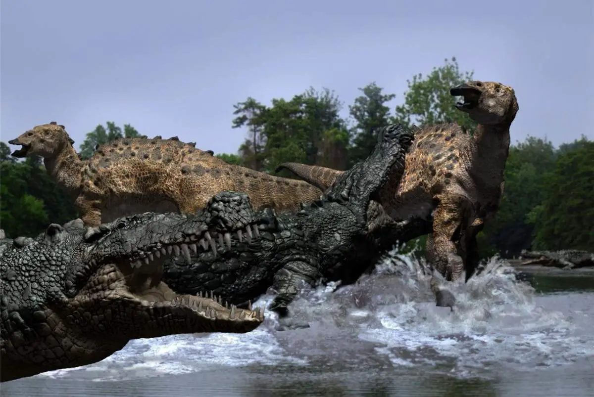 Two deinosuchus attack on dinosaurs