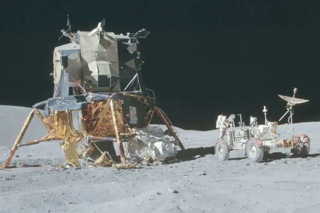 Budget of NASA - Apollo 16 Lunar Module (LM) and Lunar Rover on the Moon.