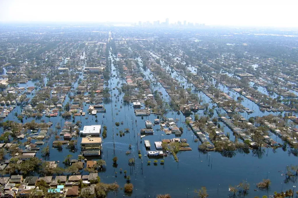 View of flooded New Orleans in the aftermath of Hurricane Katrina, one of the deadliest hurricanes in the 21st century