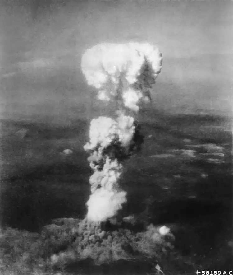 The mushroom cloud over Hiroshima after the dropping of Little Boy, the first nuclear bomb ever used in a war