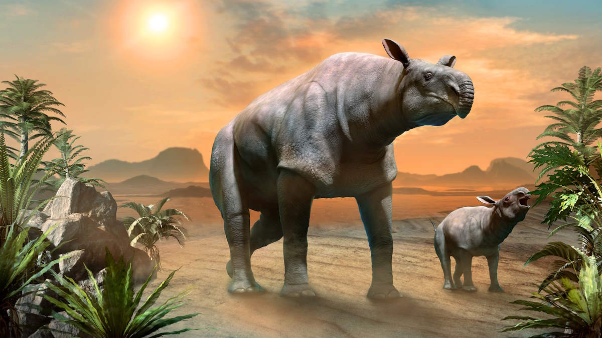 The largest prehistoric mammals: Paraceratherium with calf scene, 3D illustration