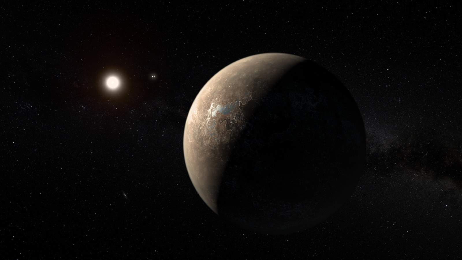 Artist conception of Proxima Centauri b, with Proxima Centauri and the Alpha Centauri binary system in the background