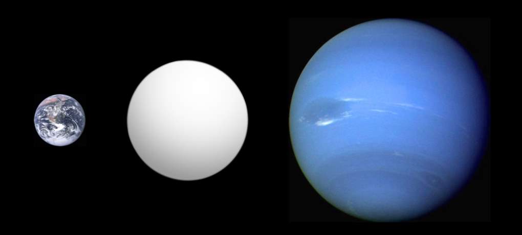 Size comparison of Earth with Kepler-10 c (middle) and Neptune (right)