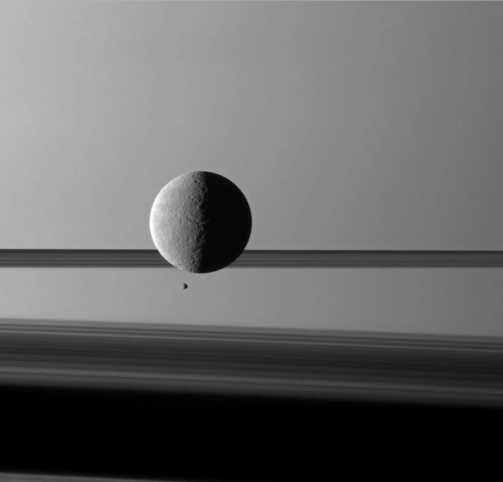 Rhea and Epimetheus. Cassini Image captured on March 24, 2010.