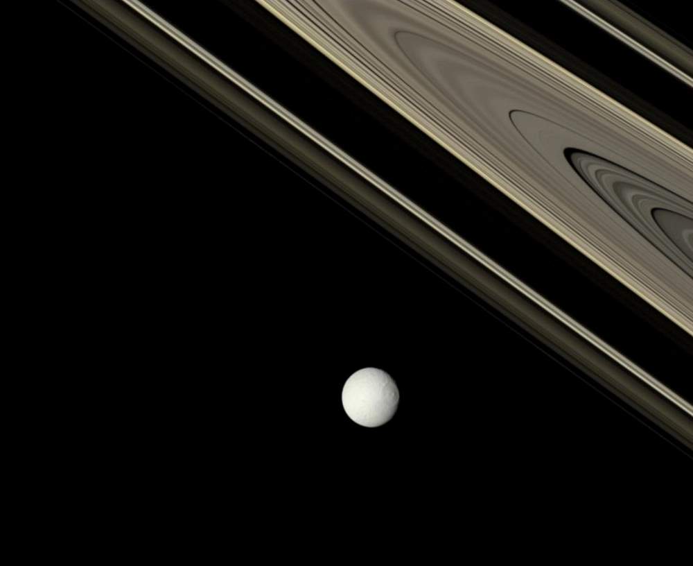 Saturn's rings and Tethys from Cassini (October 29, 2007)