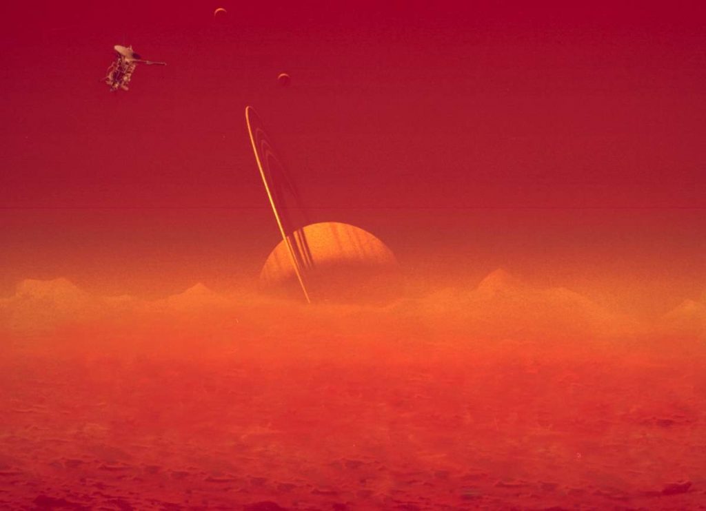 Saturn viewed through Titan's hazy atmosphere