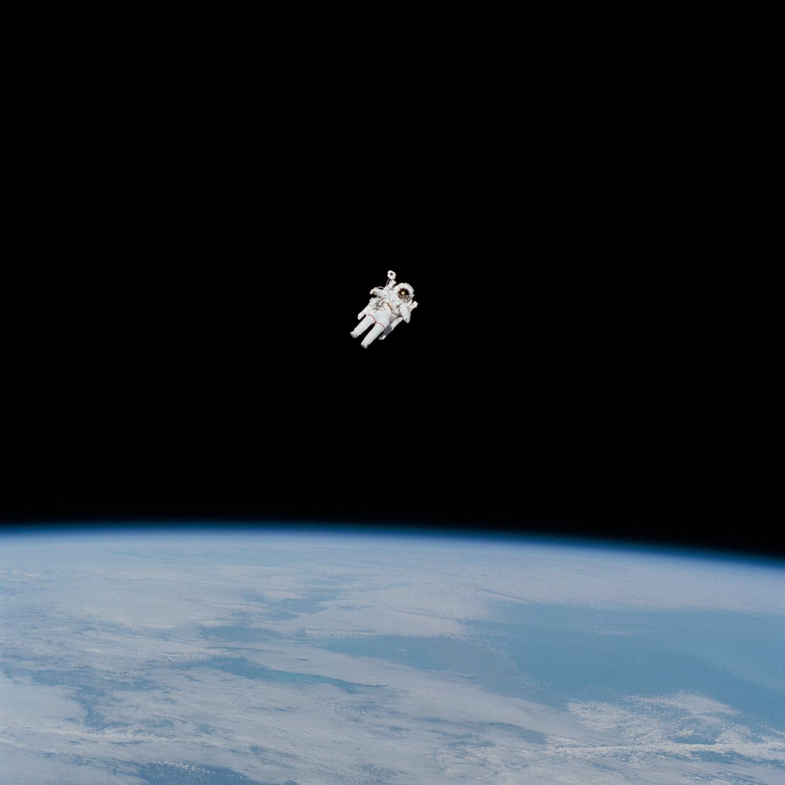 Bruce McCandless II performs the first untethered spacewalk on February 7, 1984
