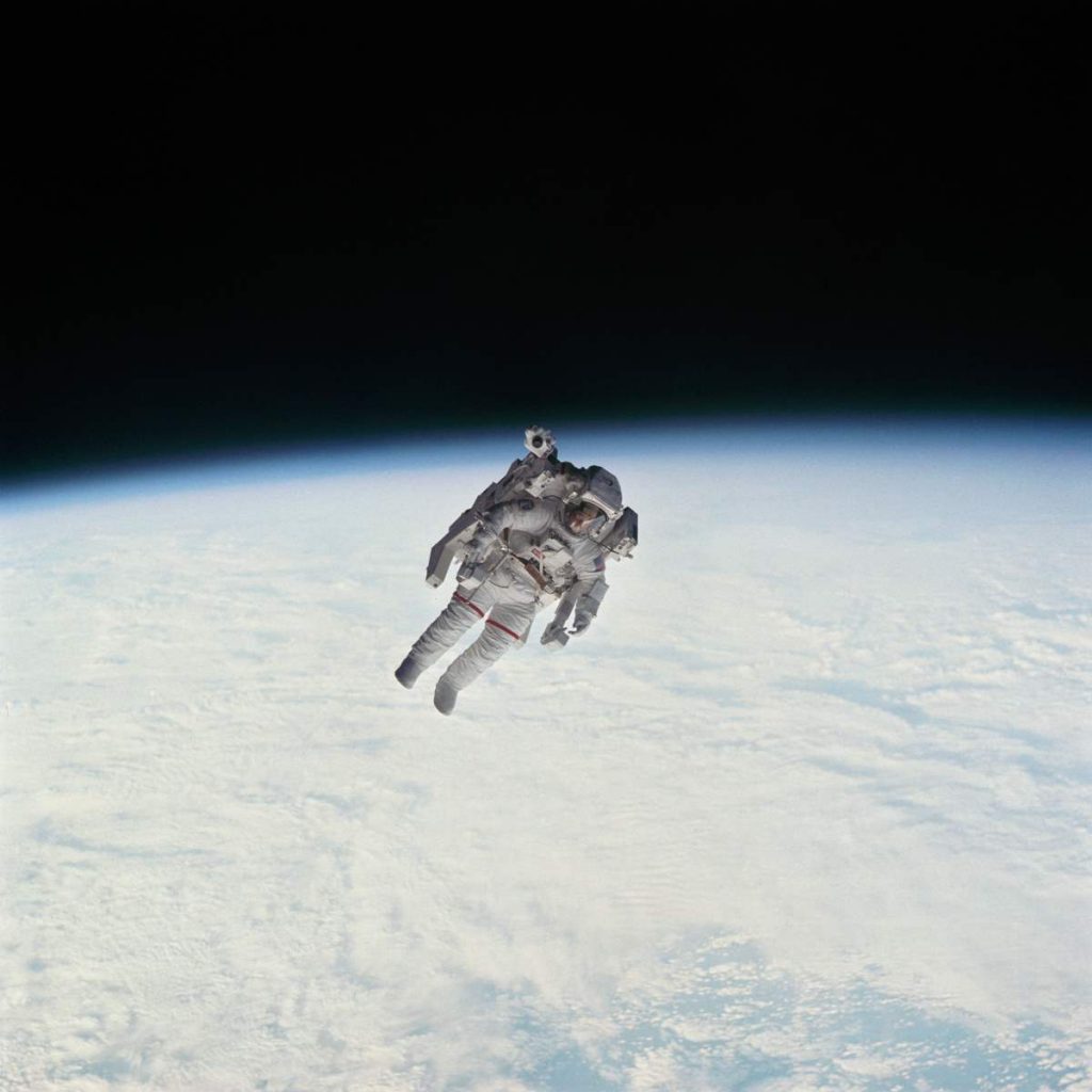 Robert L. Stewart during EVA-1 of STS-41-B mission. February 7, 1984.