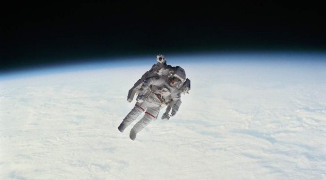 Robert L. Stewart during EVA-1 of STS-41-B mission. February 7, 1984.