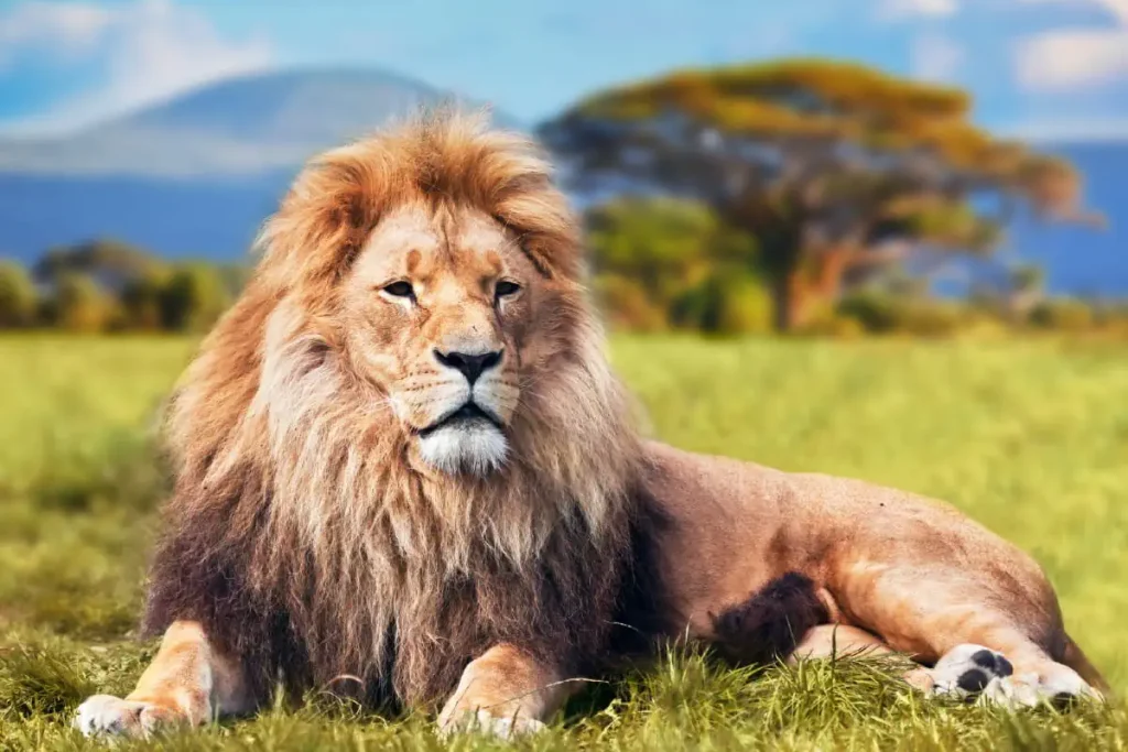 A big male African lion lying on Savannah.