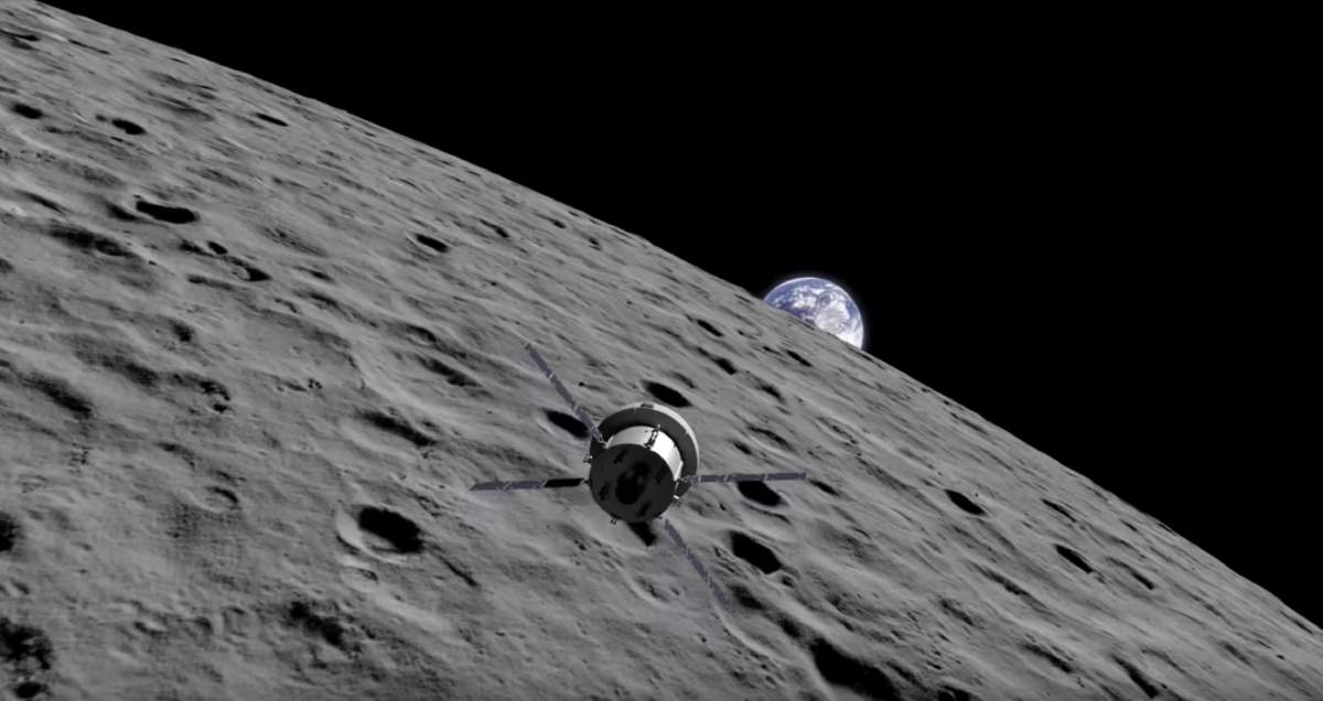 Orion spacecraft and Earthrise from the Moon