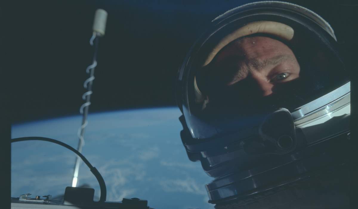 Buzz Aldrin's Selfie during the Gemini 12 Mission (cropped)