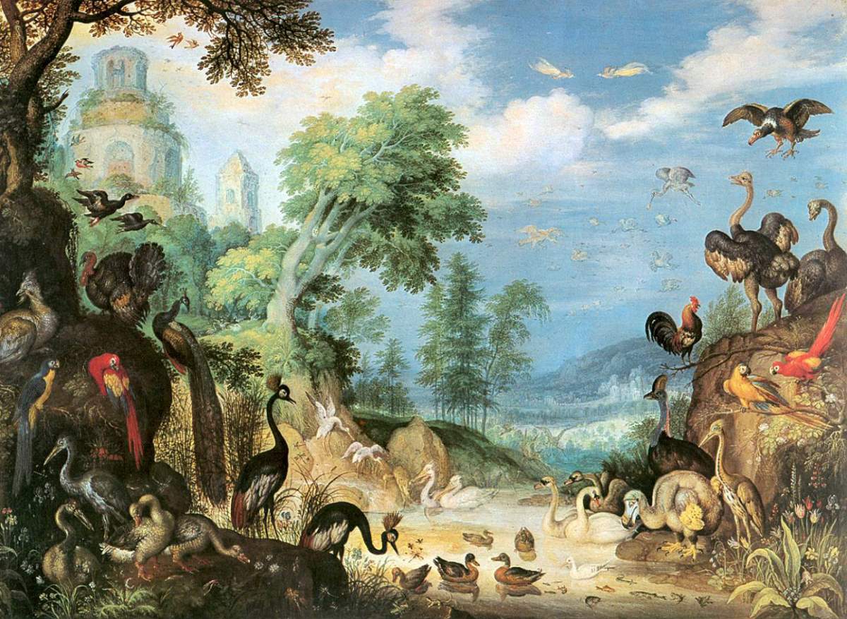 8 major extinctions due to human interference: Landscape with Birds by Roelant Savery, 1628