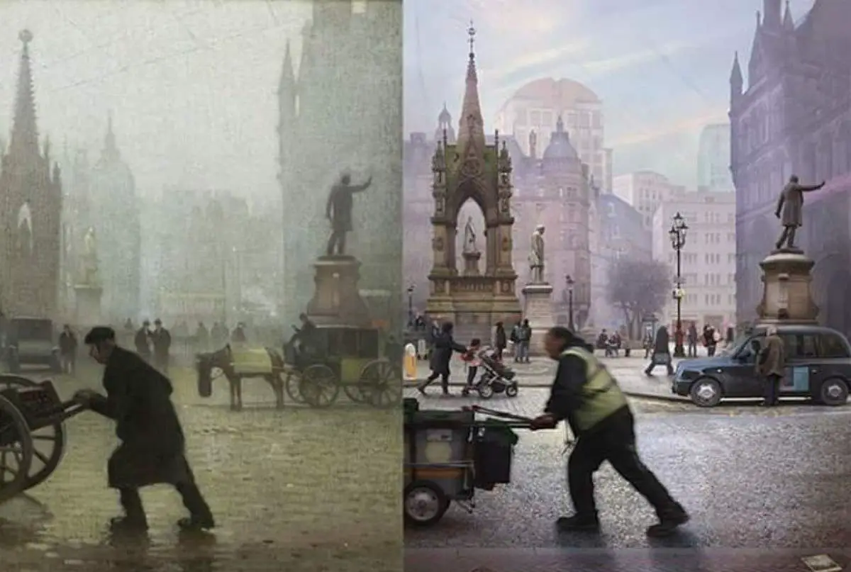 Albert Square, Manchester: an old painting and a contemporary photo