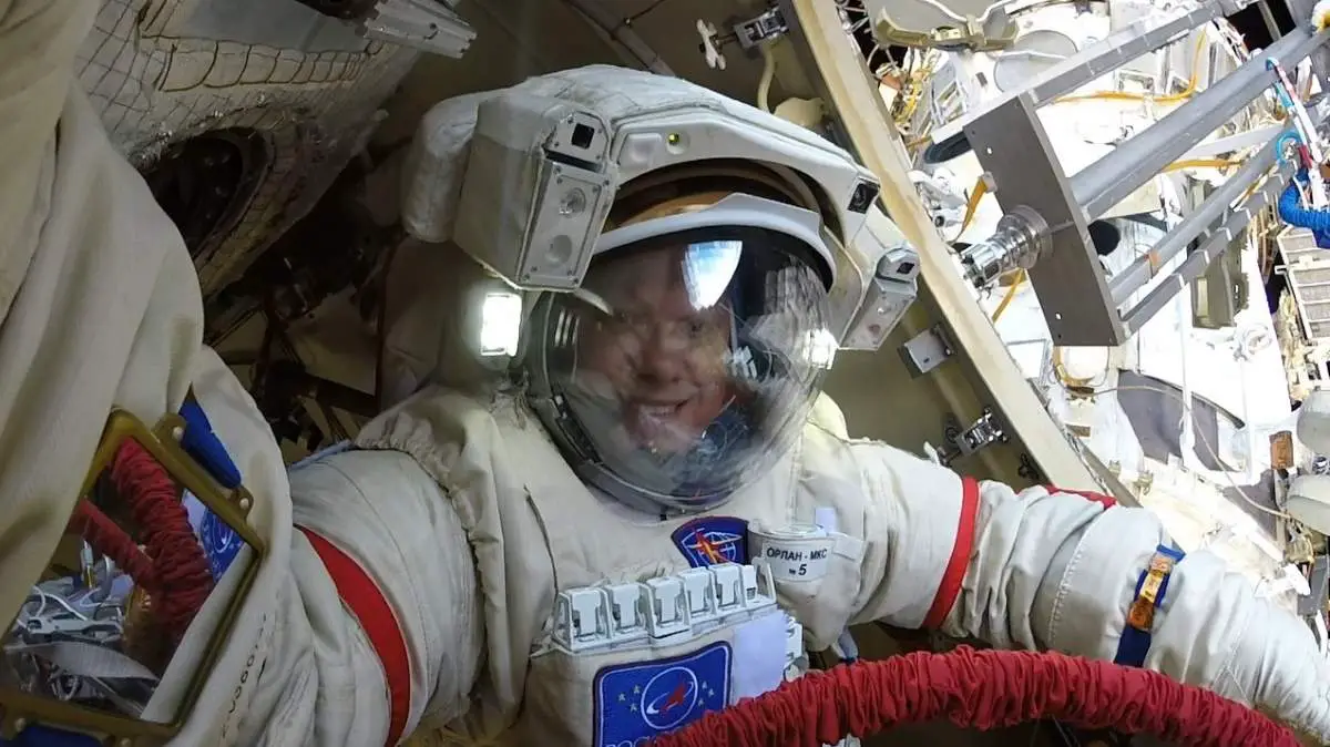 Oleg Artemyev's selfie during the Russian spacewalk on August 15, 2018