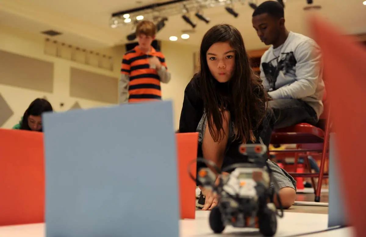 Students programming robots
