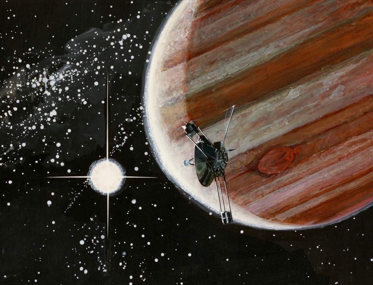 Space probes leaving the solar system: Artist's impression of Pioneer 10's flyby of Jupiter
