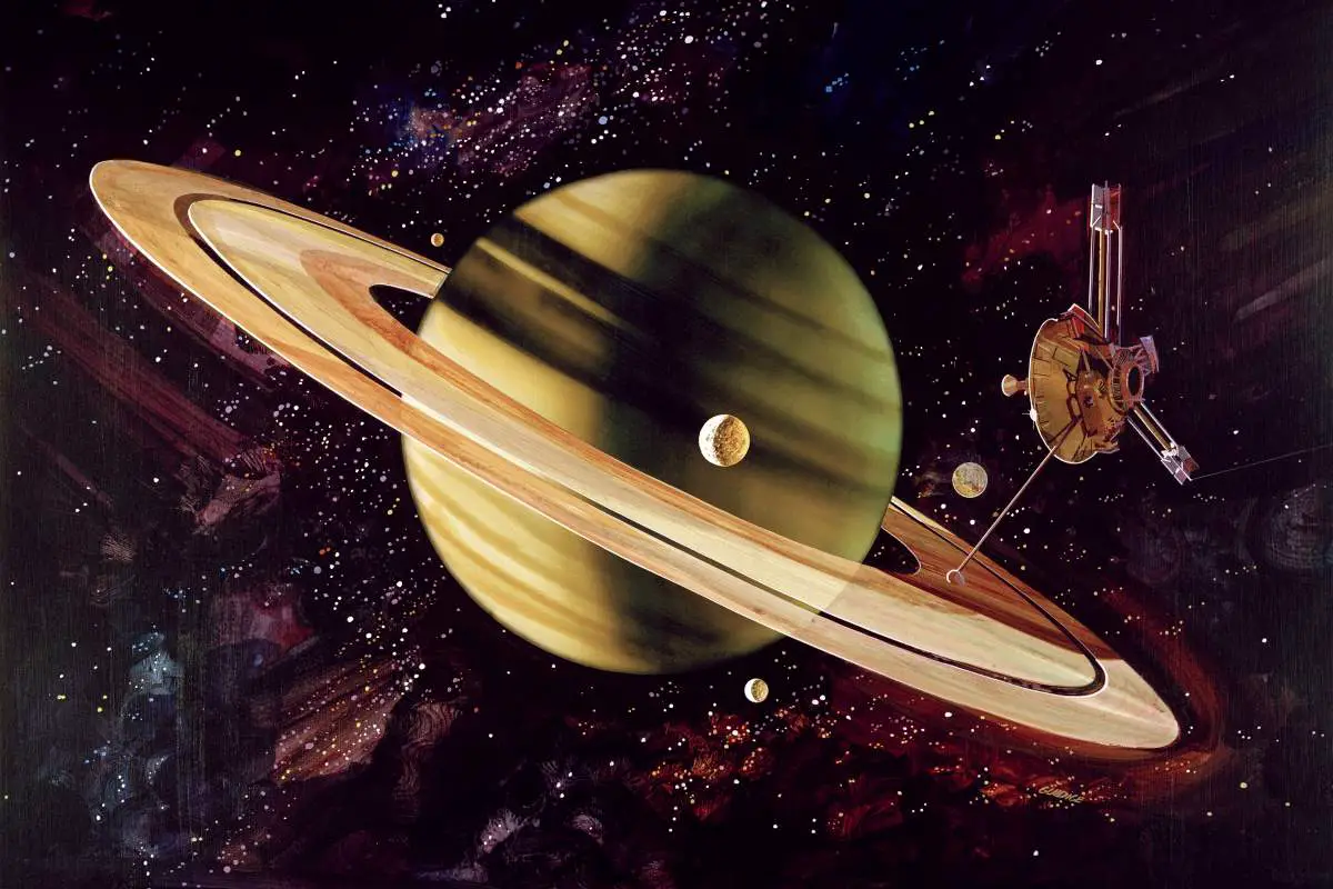 Space probes leaving the solar system: Artist's impression of Pioneer 11's flyby of Saturn