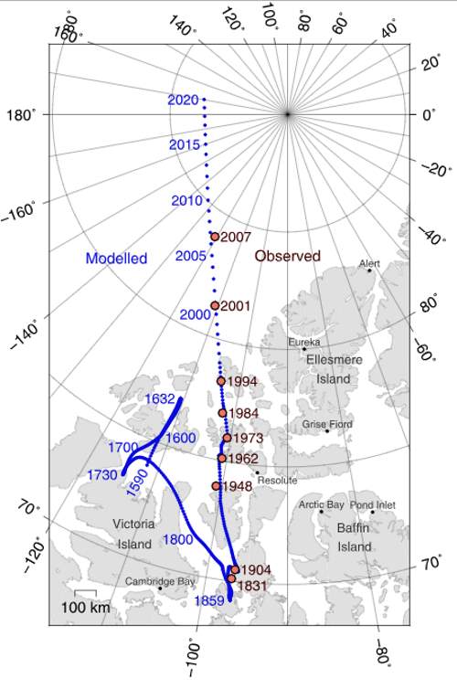 Locations of North Magnetic Pole Since 1590