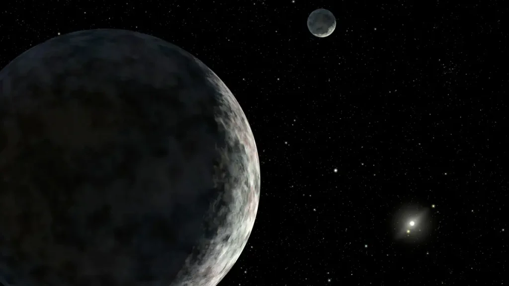 Largest non-planets in the solar system: Artist conception of Eris and its satellite Dysnomia