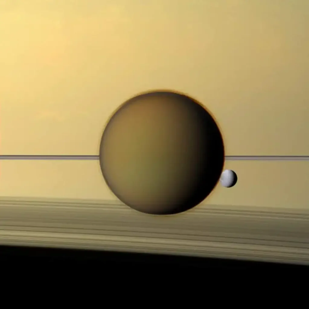 Largest non-planets in the solar system: Saturn's moons Titan and Dione. Cassini image obtained on May 21, 2011.