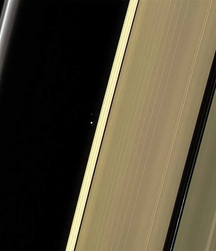 Earth and Moon as seen through Saturn's rings (2017 Cassini Image)