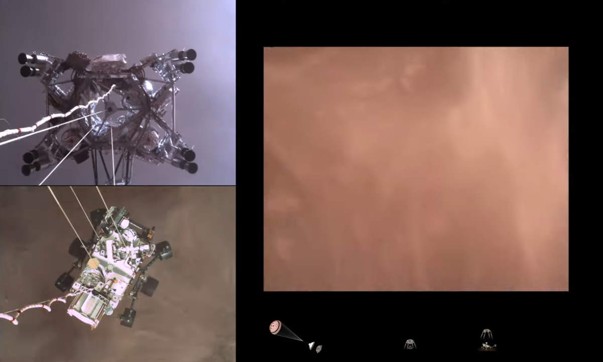 A screenshot from the descent and touchdown video of the Perseverance Rover.