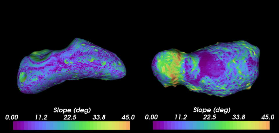 Colored topographical maps  of asteroids Eros and Itokawa