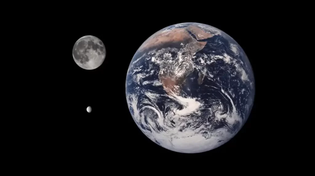 Enceladus, Moon, and Earth size comparison