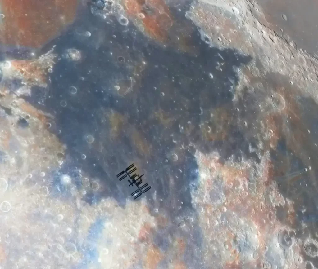 International Space Station (ISS) transiting moon over the Apollo 11 landing site