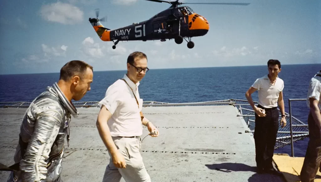 The first U.S. human spaceflight: Alan Shepard on the deck of the aircraft carrier U.S.S. Lake Champlain
