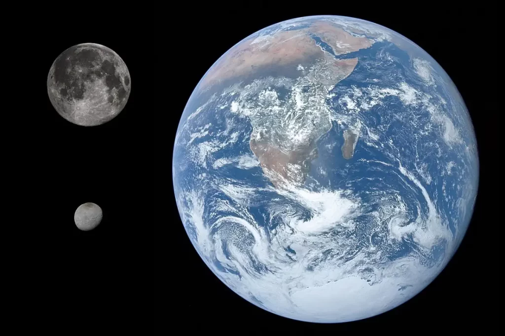 Size comparison of Earth, Moon, and Charon.