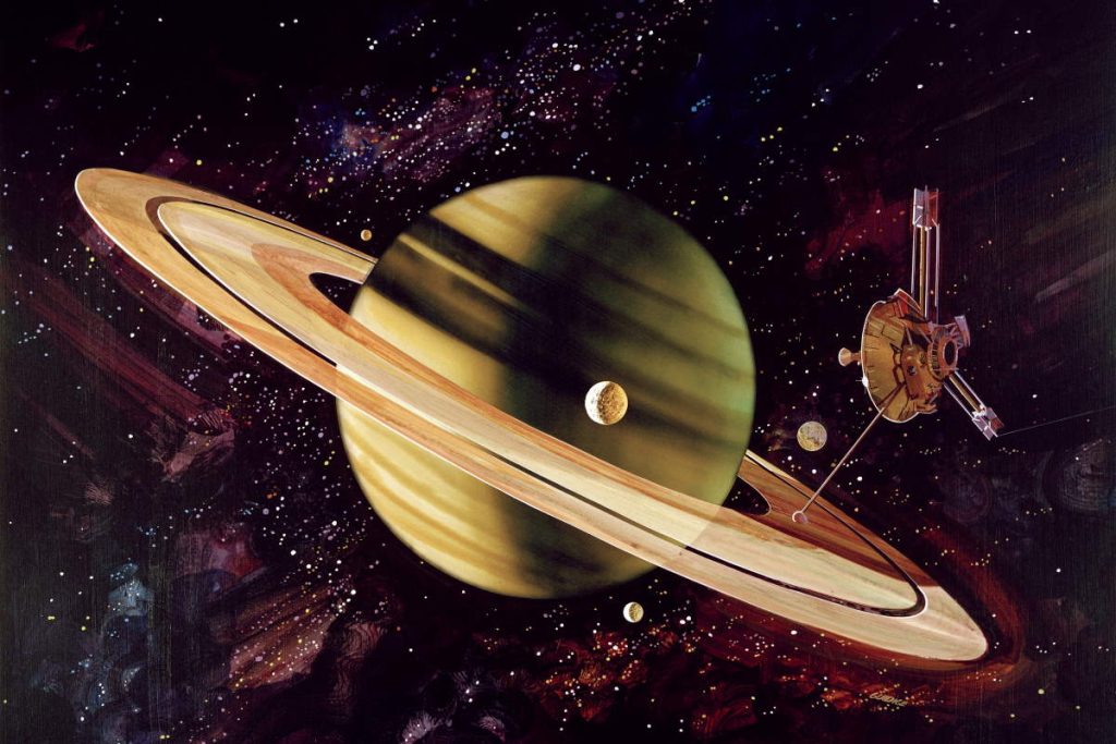 Pioneer 11 performs the first Saturn flyby on September 1, 1979