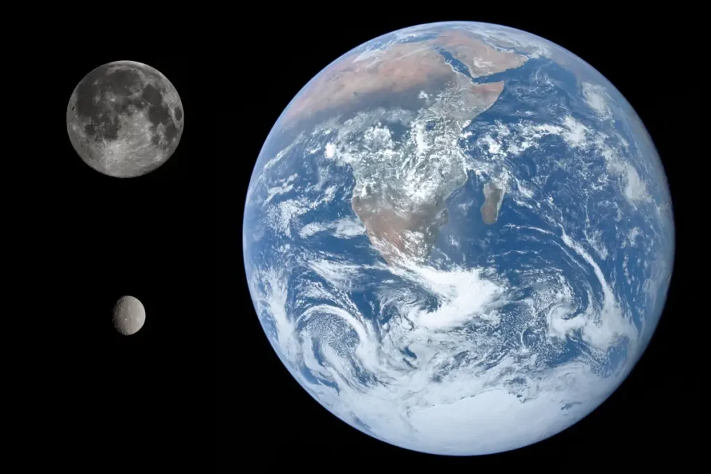 Ceres (bottom left), the Moon, and Earth are shown to scale.