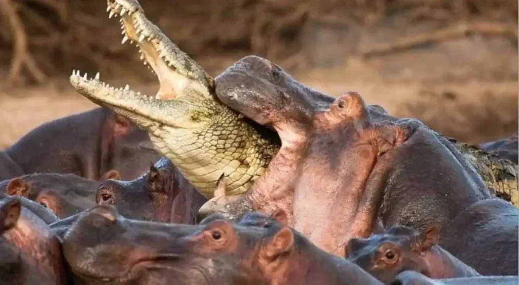 Hippopotamus biting a crocodile.