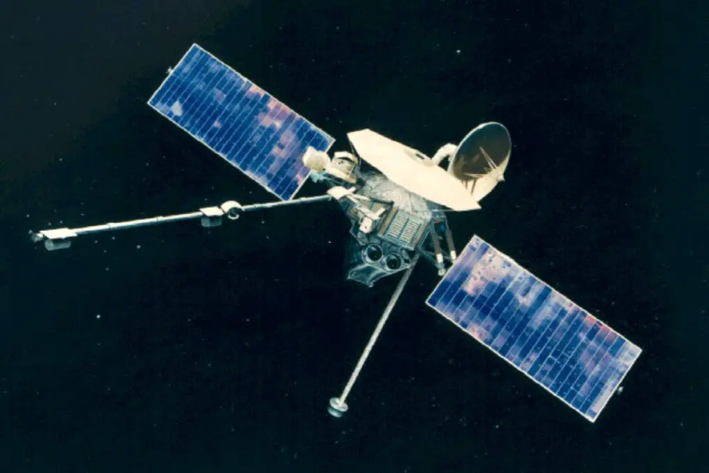 Mariner 10 (artist conception). On March 29, 1974, it performed the first Mercury flyby.