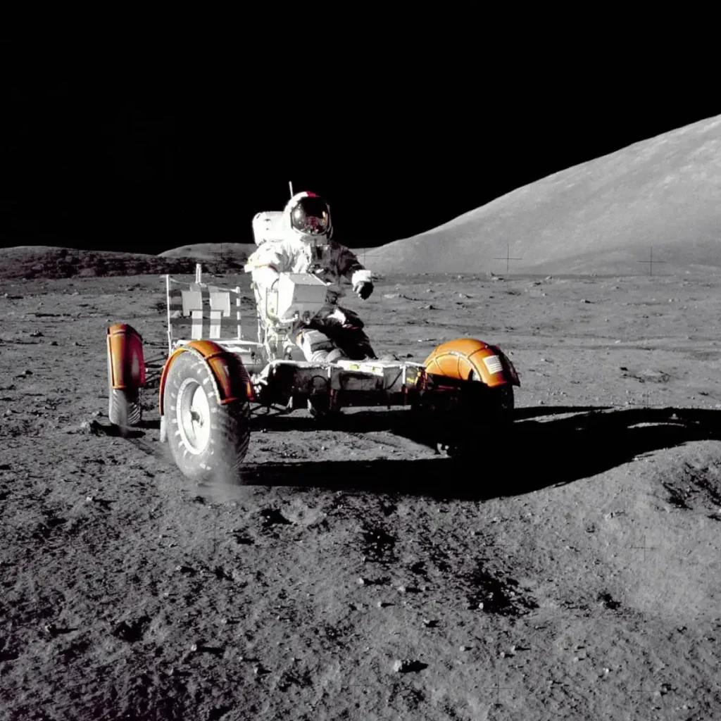 Eugene Cernan driving the Lunar Roving Vehicle [Apollo 17]