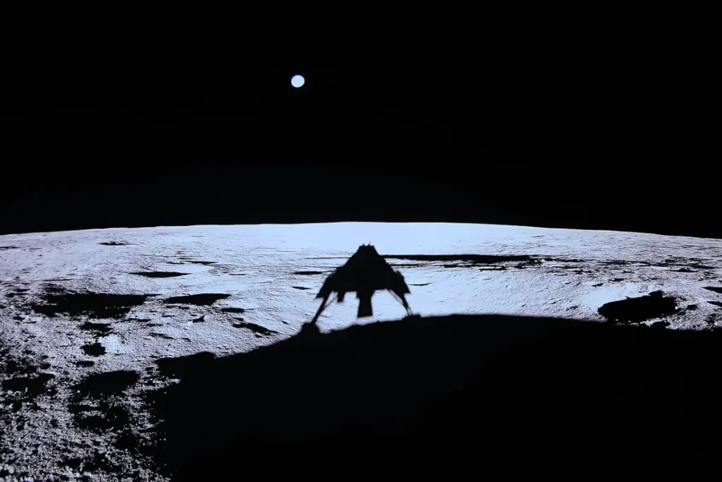 The Blue Ghost lunar lander casts its shadow on the Moon’s surface after a successful landing.